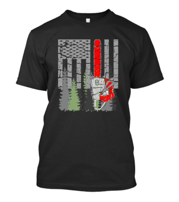 Chainsaw And Woods With Distressed American Flag Elements T-Shirt
