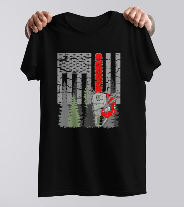 Chainsaw And Woods With Distressed American Flag Elements T-Shirt