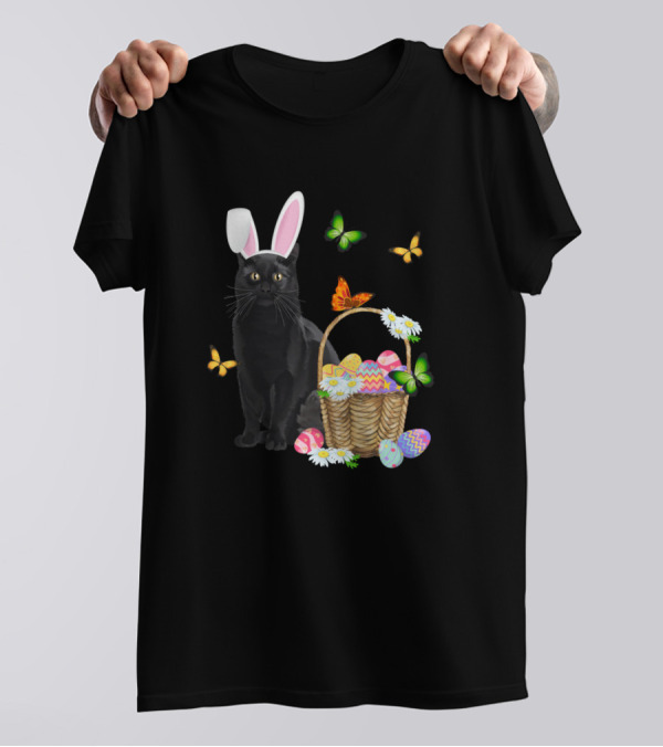 Chillin With My Peeps Funny Vintage Easter Bunny Cat With Basket And Butterflies T-Shirt