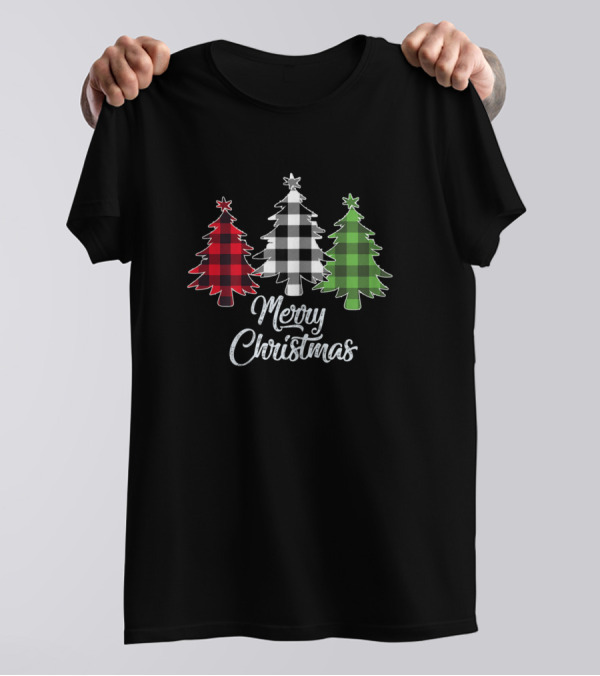 Merry Christmas Trees Red Buffalo Plaid Green Black Check Women T-Shirt
