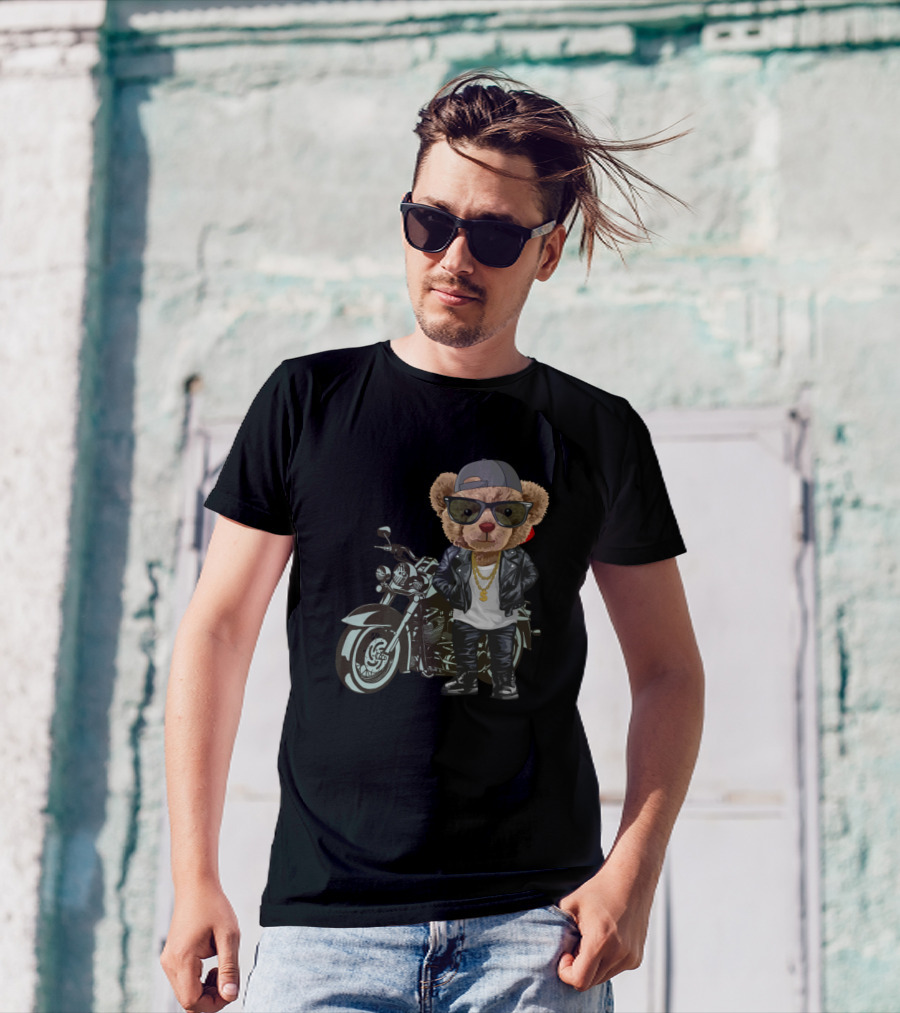 Cool Cute Bear With Motorcycle In Leather Jacket And Sunglasses T-Shirt