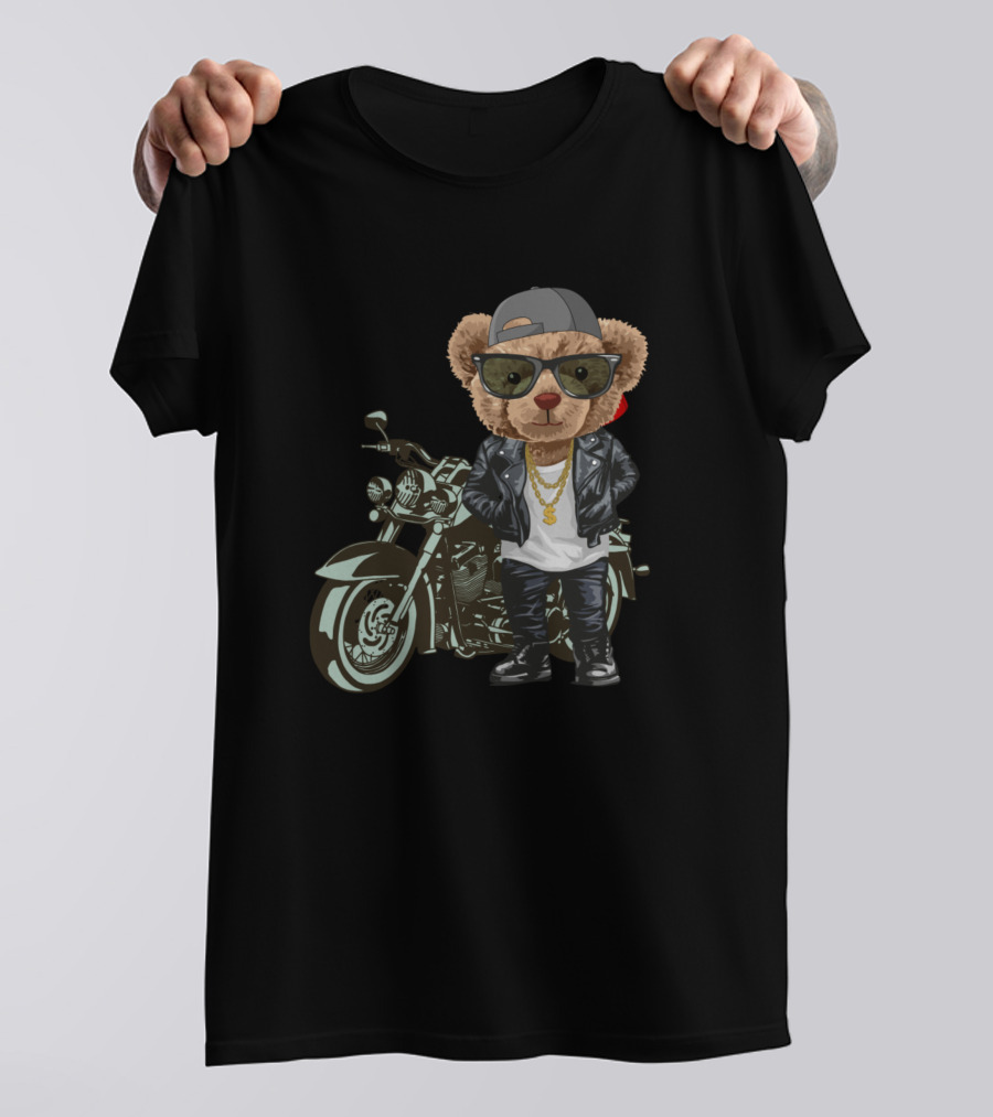 Cool Cute Bear With Motorcycle In Leather Jacket And Sunglasses T-Shirt