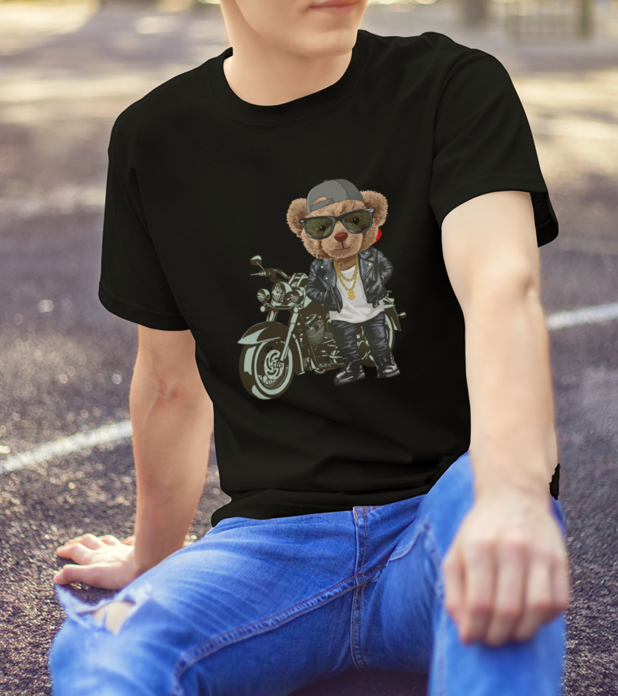Cool Cute Bear With Motorcycle In Leather Jacket And Sunglasses T-Shirt