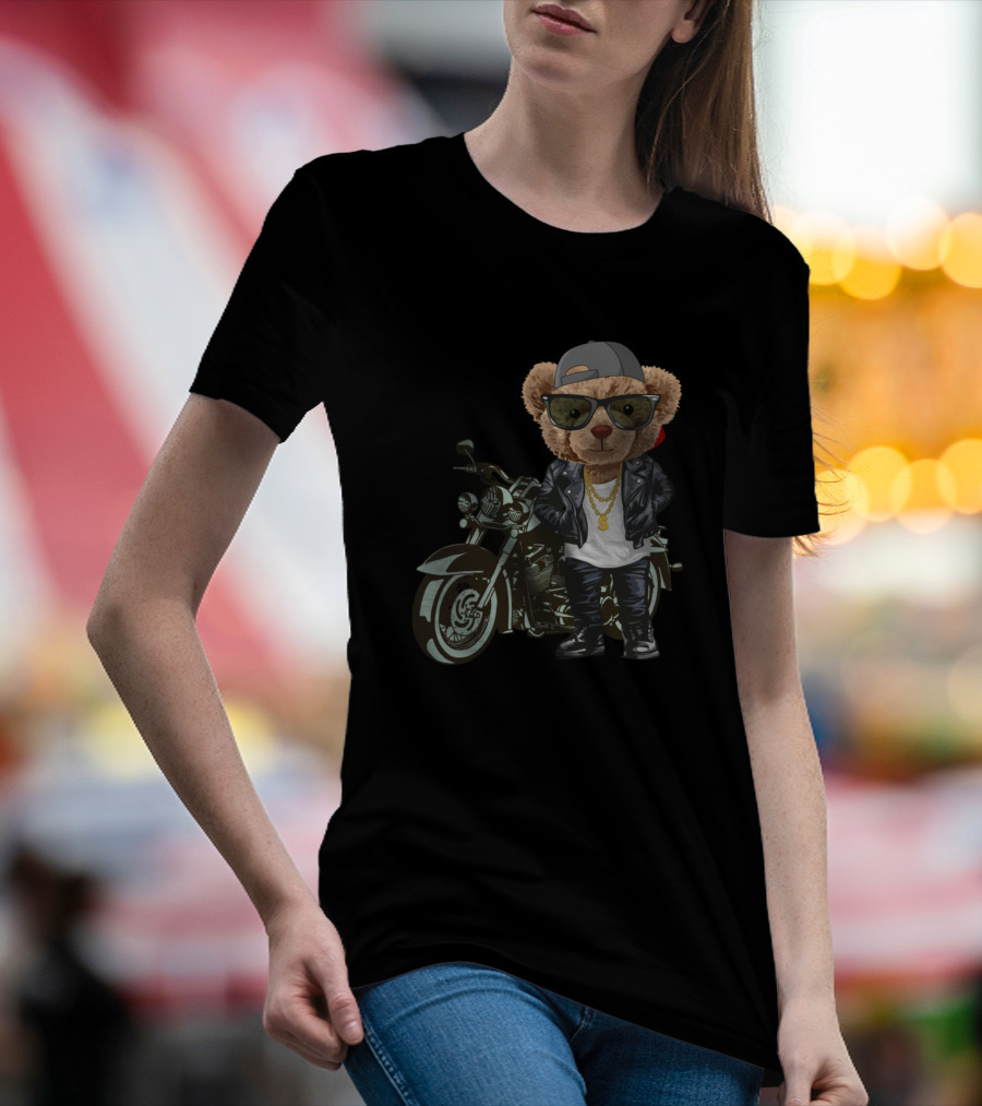Cool Cute Bear With Motorcycle In Leather Jacket And Sunglasses T-Shirt