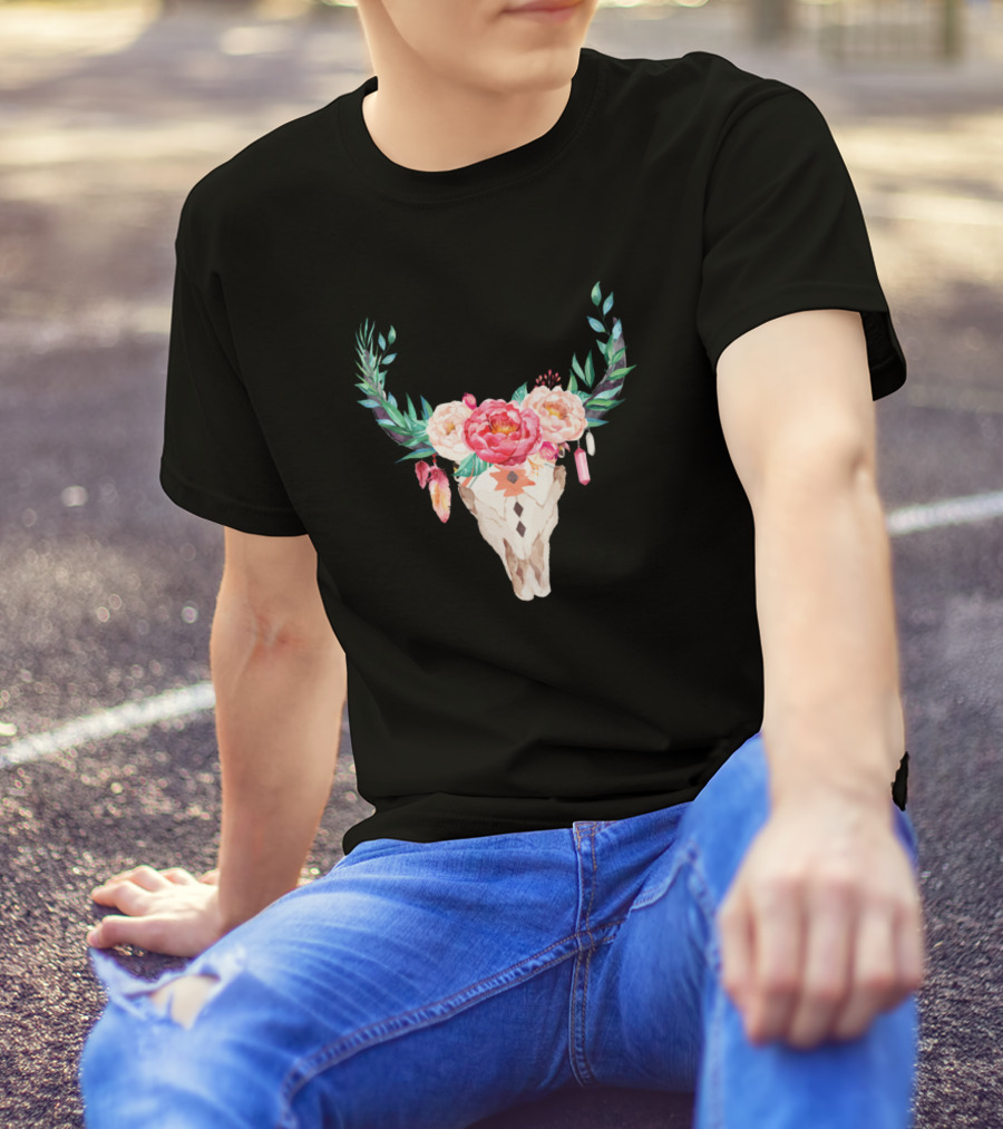 Cow Skull Sugar Flowers Roses Halloween T-Shirt