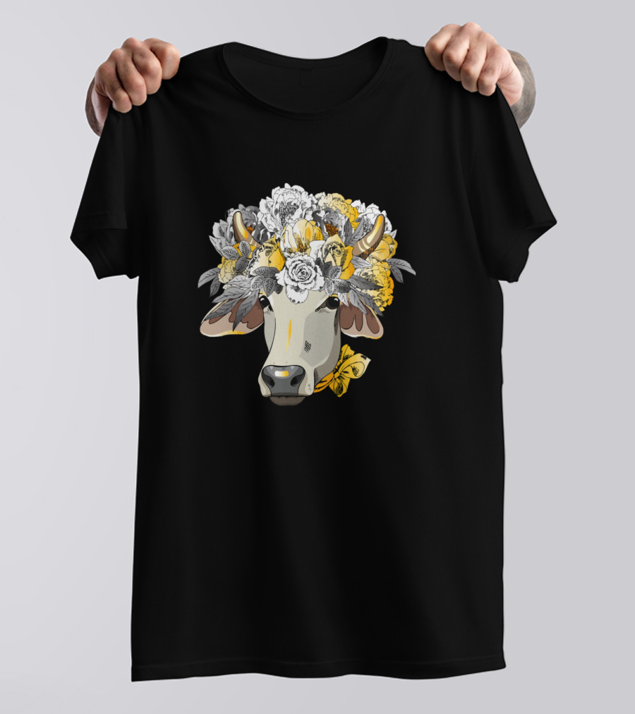 Cows Cow Floral Head Farm Animal Art 24 Farming Yellow Flower Headdress T-Shirt
