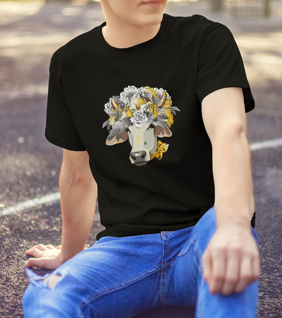 Cows Cow Floral Head Farm Animal Art 24 Farming Yellow Flower Headdress T-Shirt