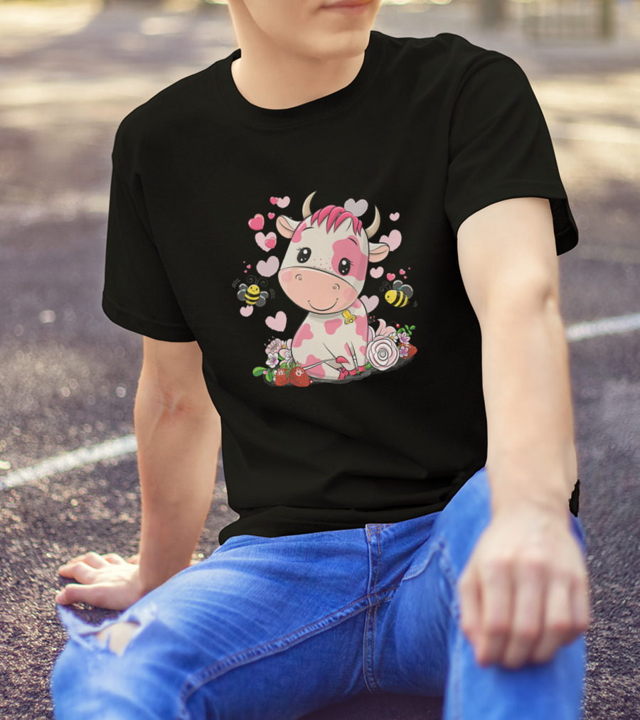 Cows Cute Cow 25 Farming Hearts Bees Flowers Berries T-Shirt