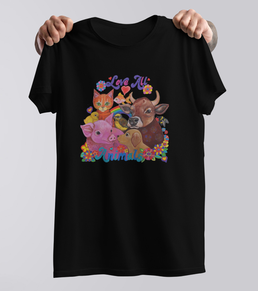 Love All Animals Cow Pig Dog Cat Bird Rainbow Flowers T-Shirt