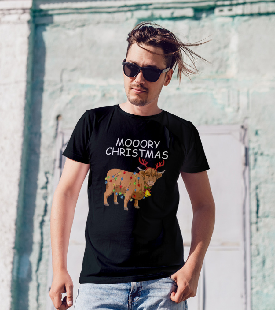 Moory Christmas Scottish Highland Cow With Antlers And Lights T-Shirt