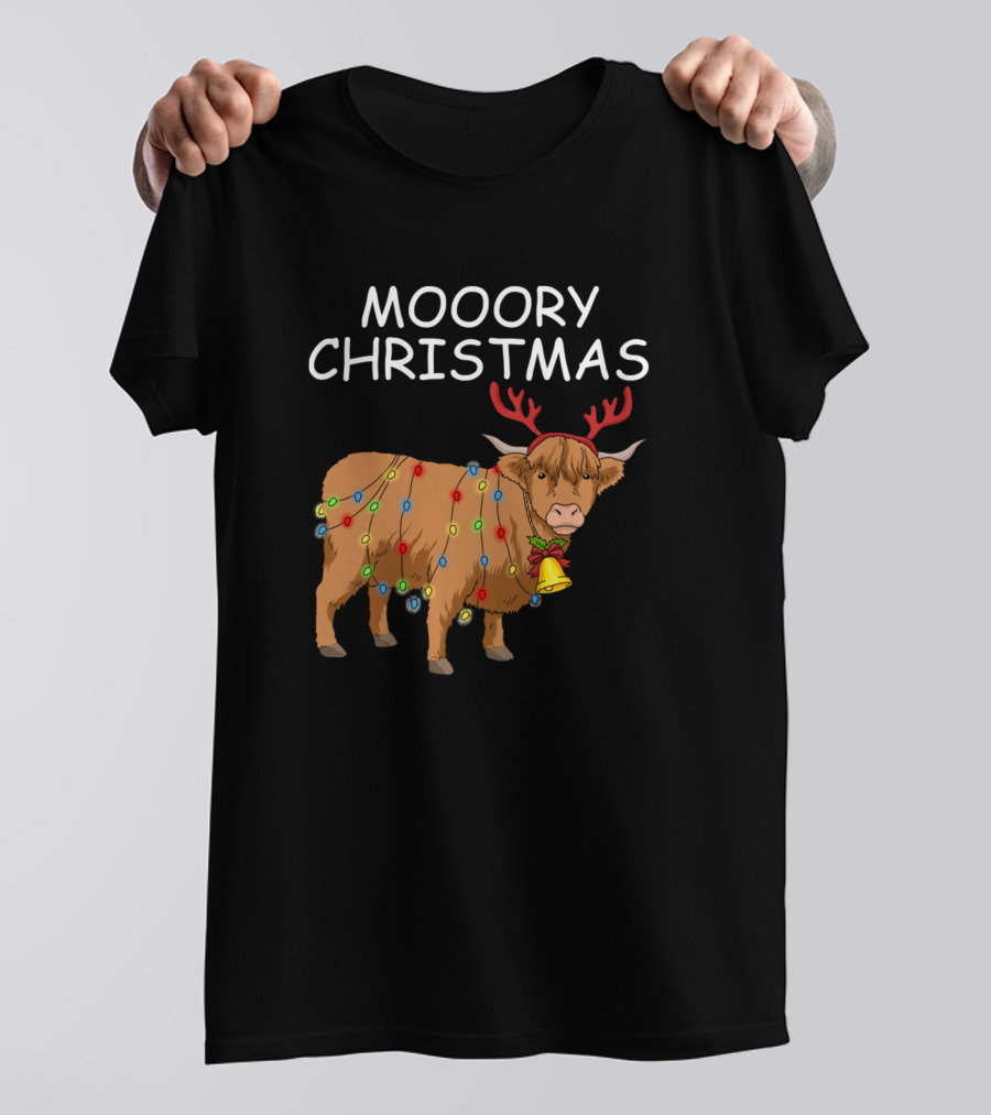 Moory Christmas Scottish Highland Cow With Antlers And Lights T-Shirt