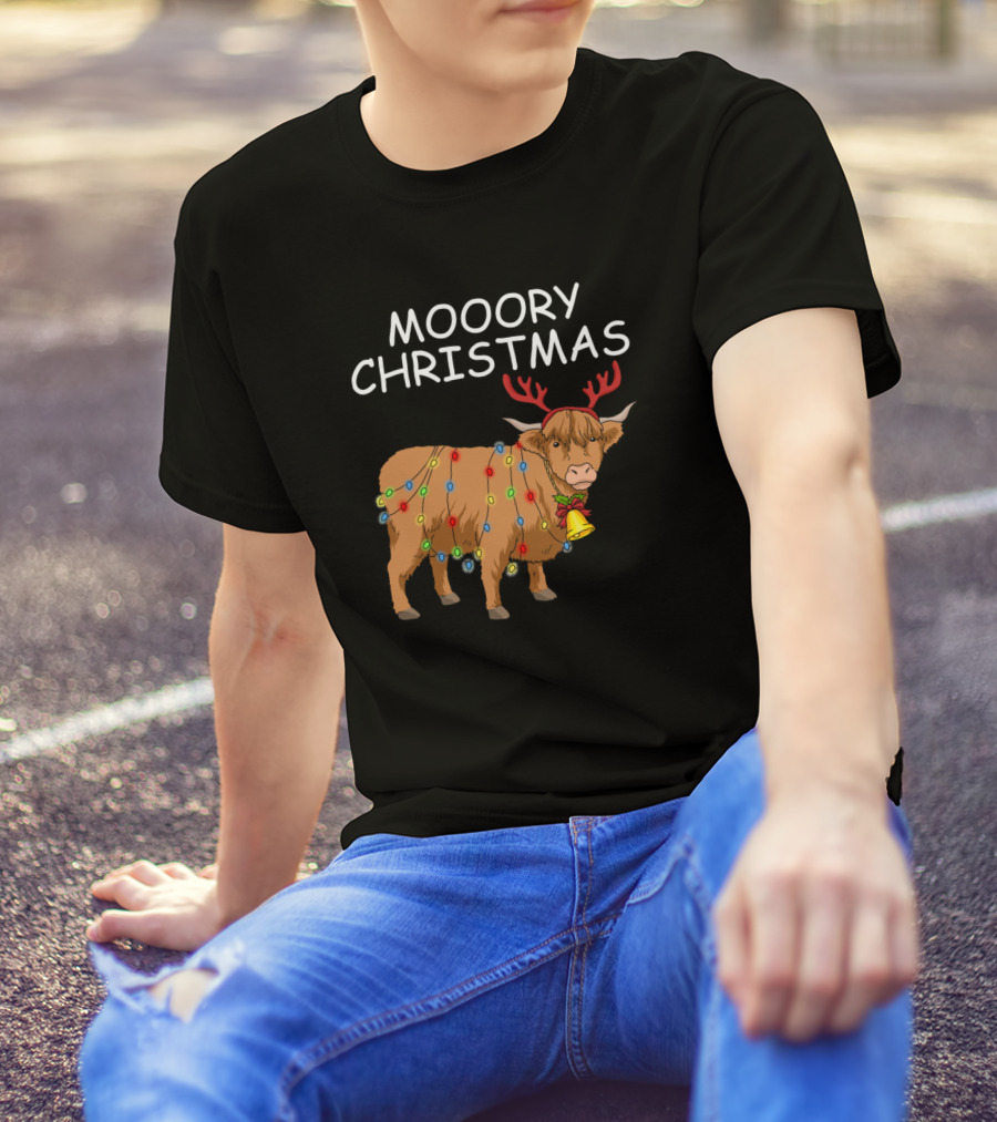 Moory Christmas Scottish Highland Cow With Antlers And Lights T-Shirt
