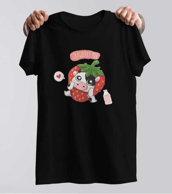 Strawberry Cow Milk Heart 351 Farming T-Shirt