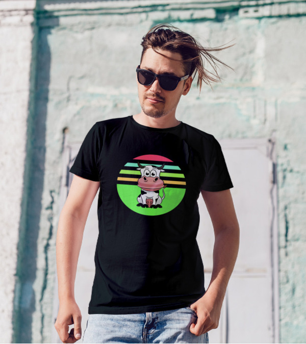 Cows Strawberry Yogurt 523 Farming Cow Retro Sun Stripes T-Shirt