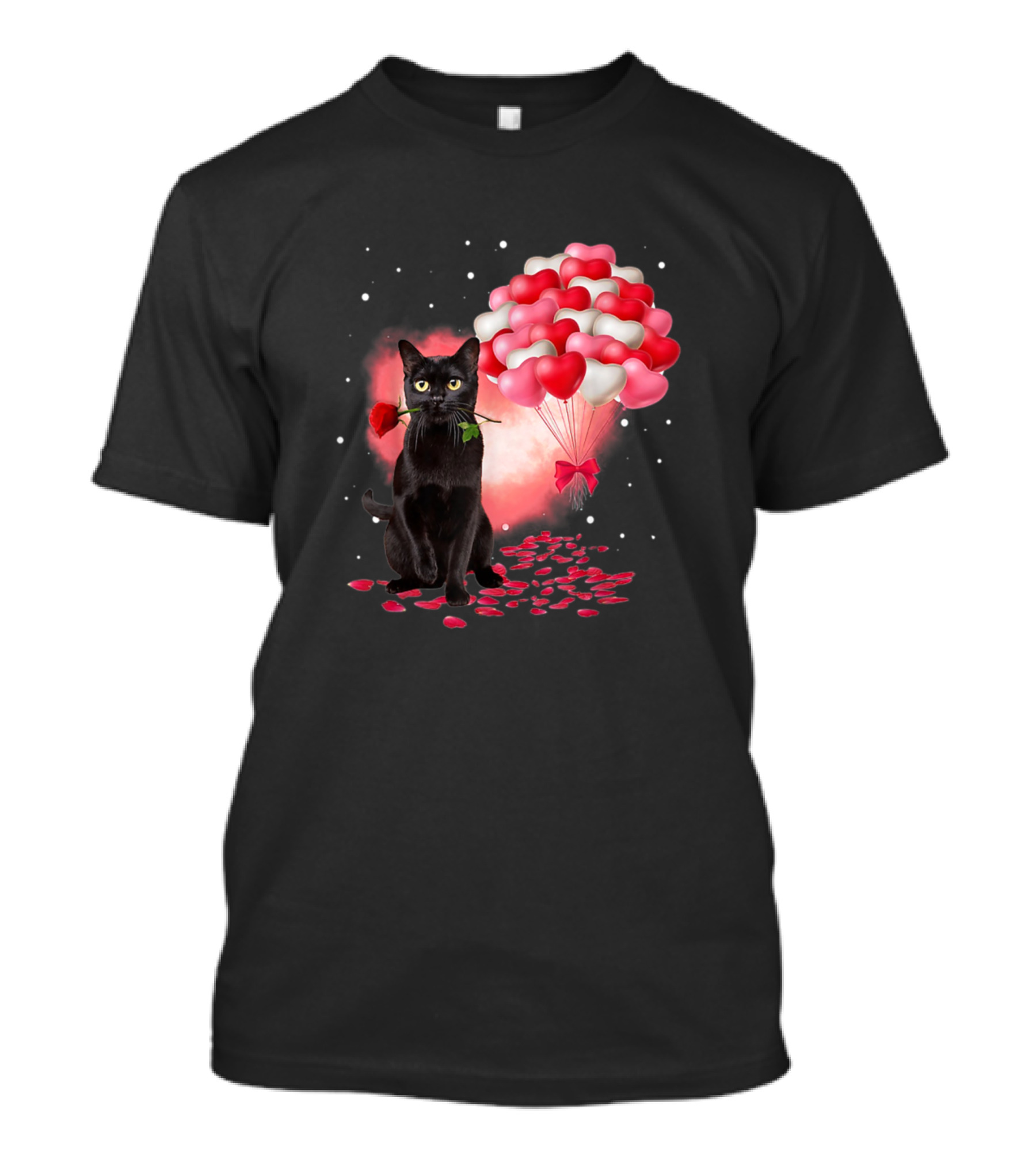 Cute Black Cat With Red Rose And Heart Balloons Valentine's Day T-Shirt