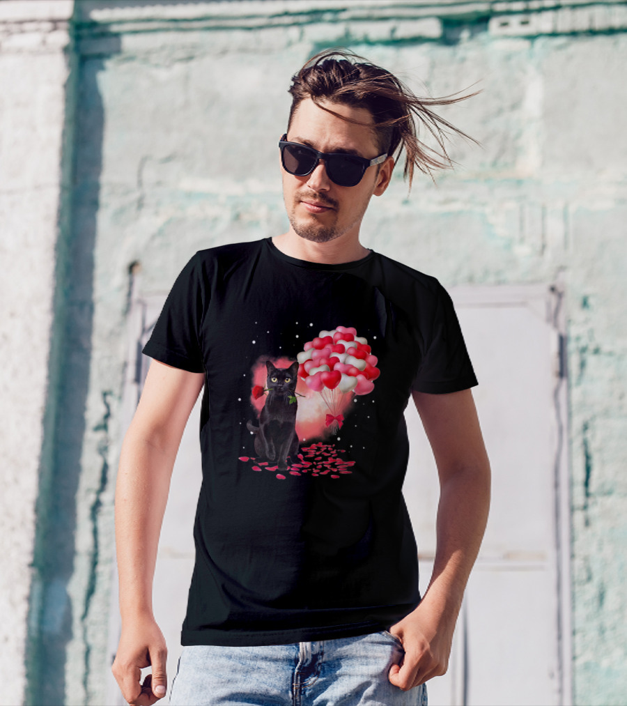 Cute Black Cat With Red Rose And Heart Balloons Valentine's Day T-Shirt