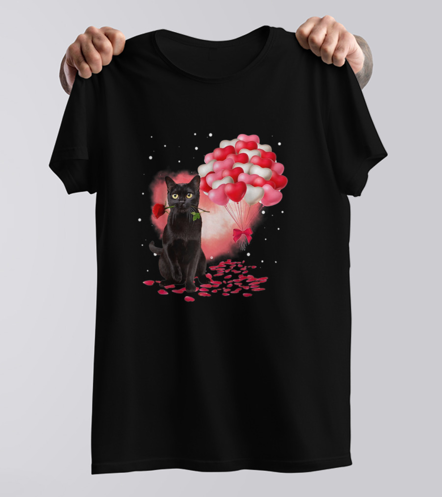 Cute Black Cat With Red Rose And Heart Balloons Valentine's Day T-Shirt