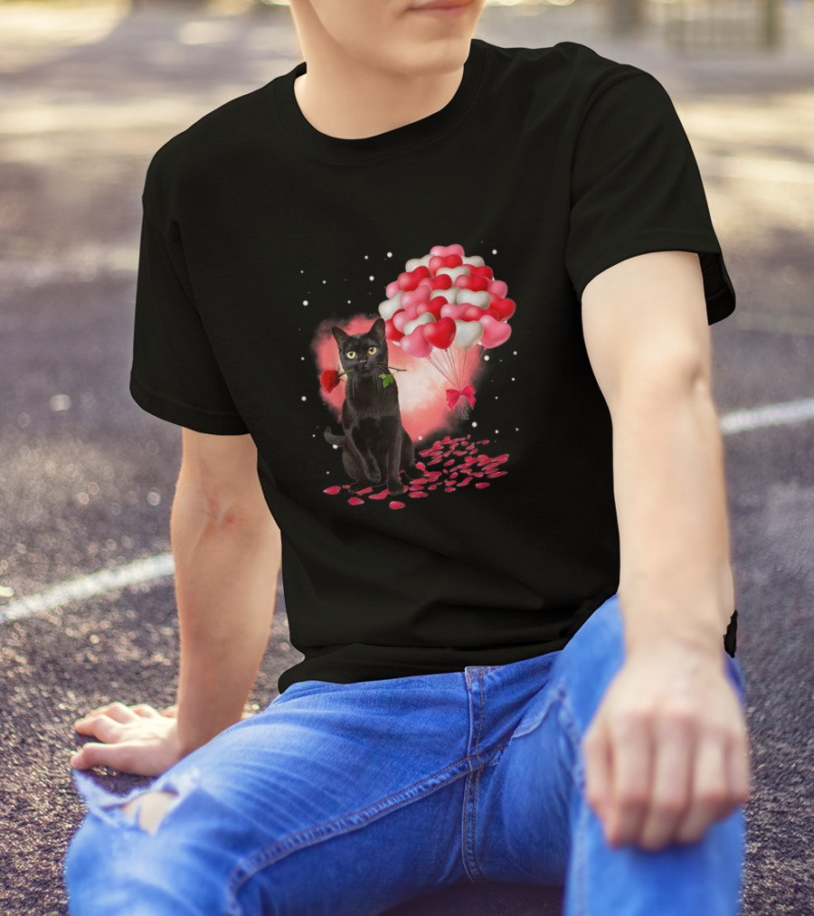 Cute Black Cat With Red Rose And Heart Balloons Valentine's Day T-Shirt