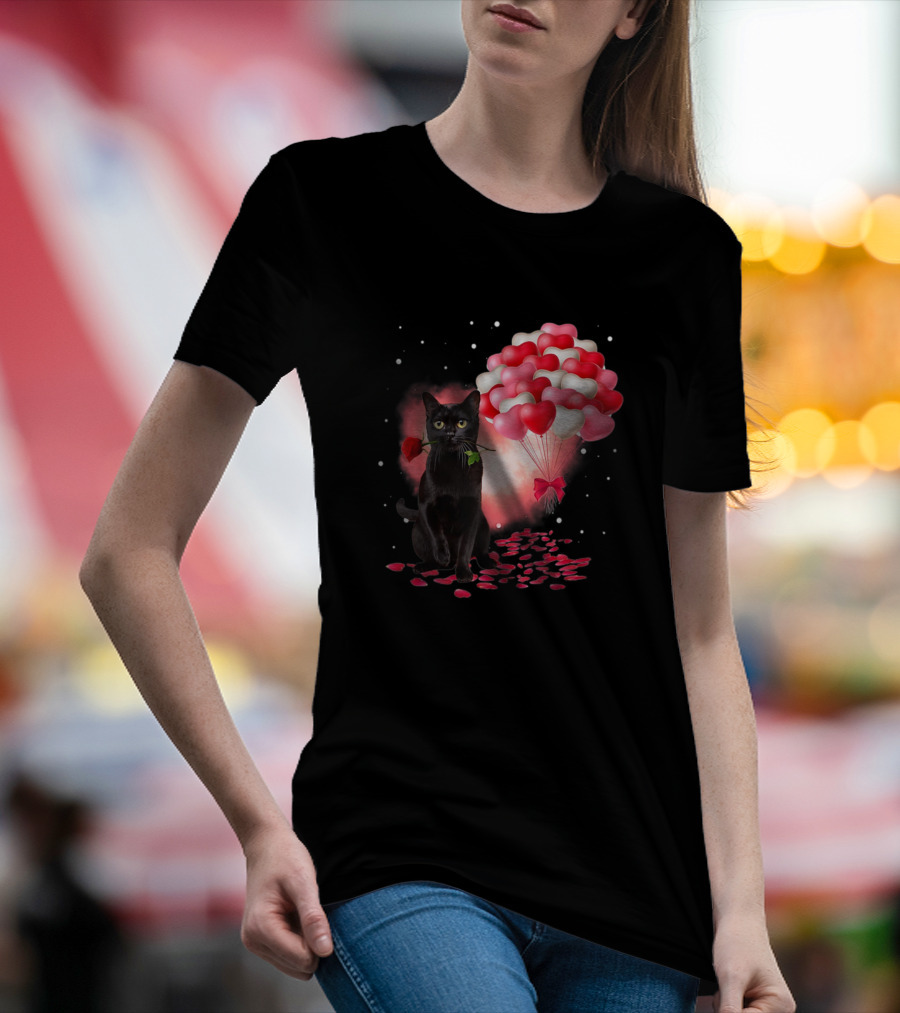 Cute Black Cat With Red Rose And Heart Balloons Valentine's Day T-Shirt