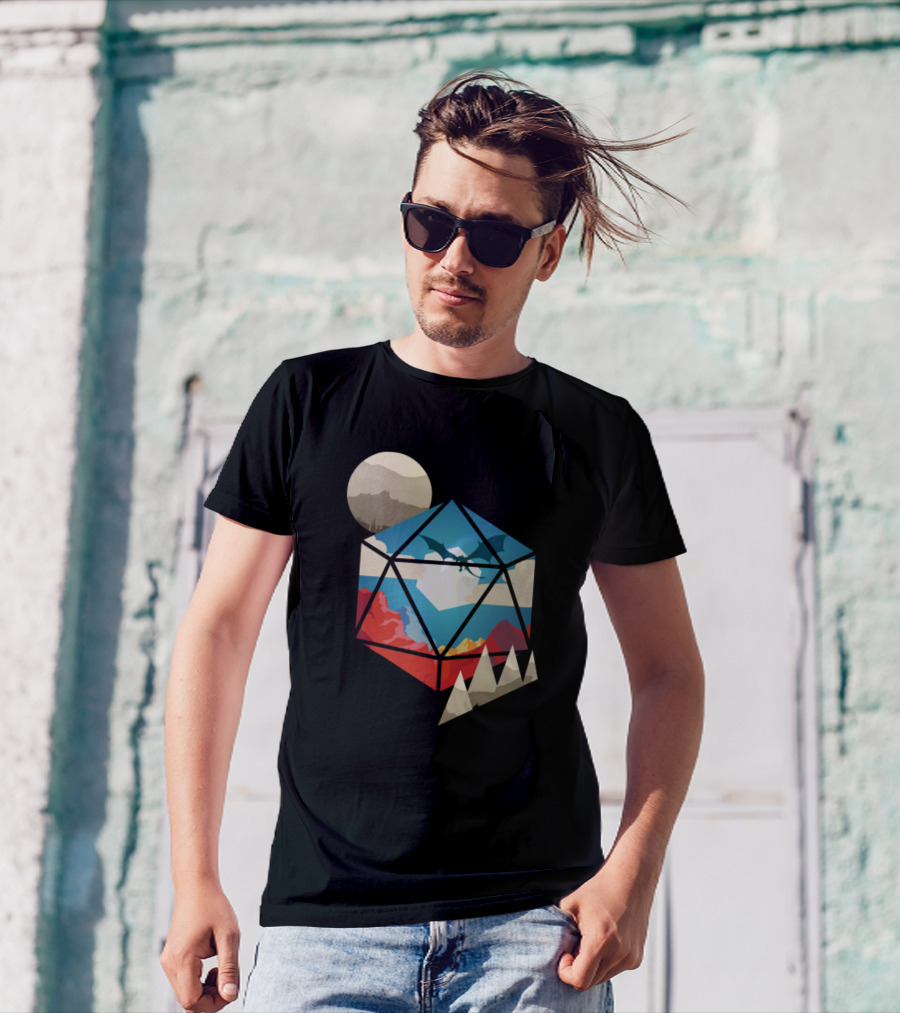 D20 World With Dragon And Mountain Landscape Crystal Dice T-Shirt
