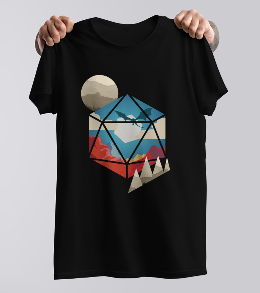 D20 World With Dragon And Mountain Landscape Crystal Dice T-Shirt