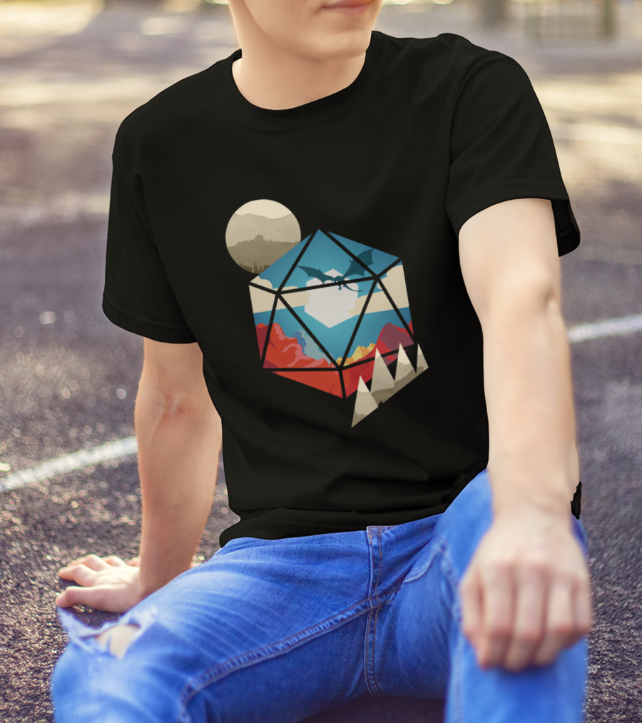 D20 World With Dragon And Mountain Landscape Crystal Dice T-Shirt