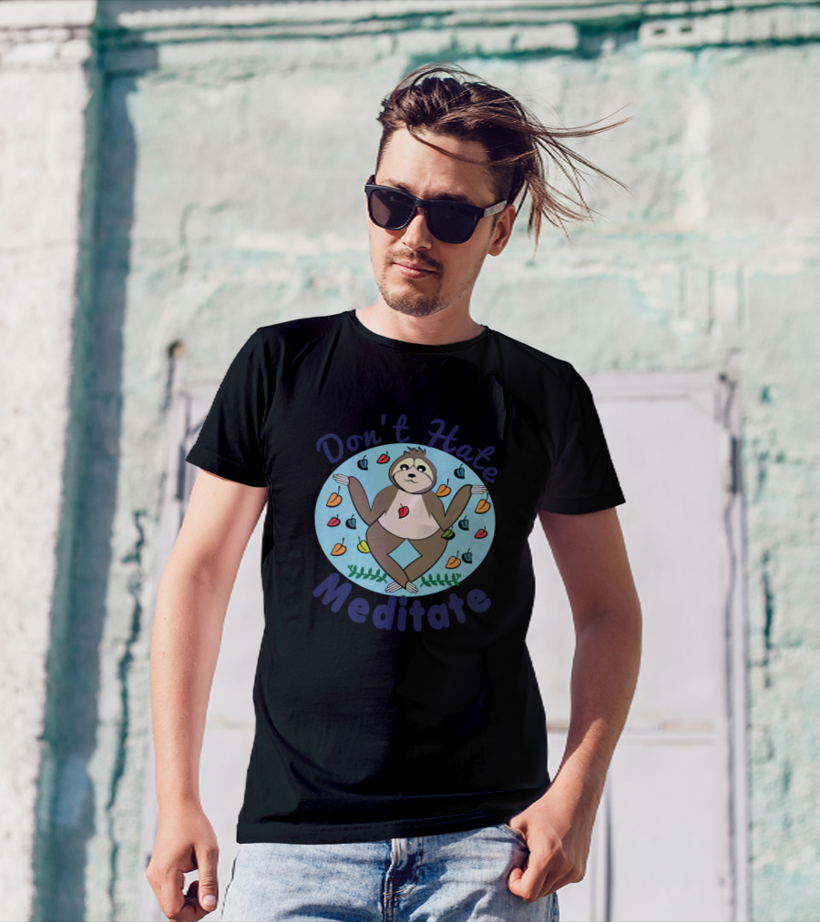 Don't Hate Meditate Sloth Surrounded By Colorful Hearts T-Shirt