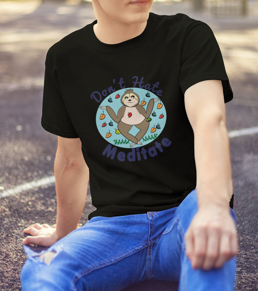 Don't Hate Meditate Sloth Surrounded By Colorful Hearts T-Shirt