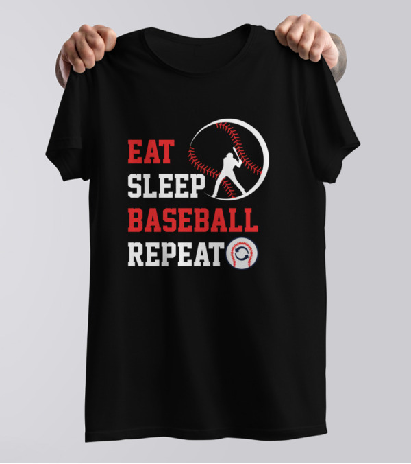 Eat Sleep Baseball Repeat Baseball Player Silhouette With Stitching Elements T-Shirt