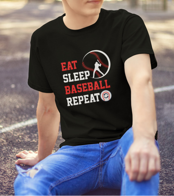 Eat Sleep Baseball Repeat Baseball Player Silhouette With Stitching Elements T-Shirt
