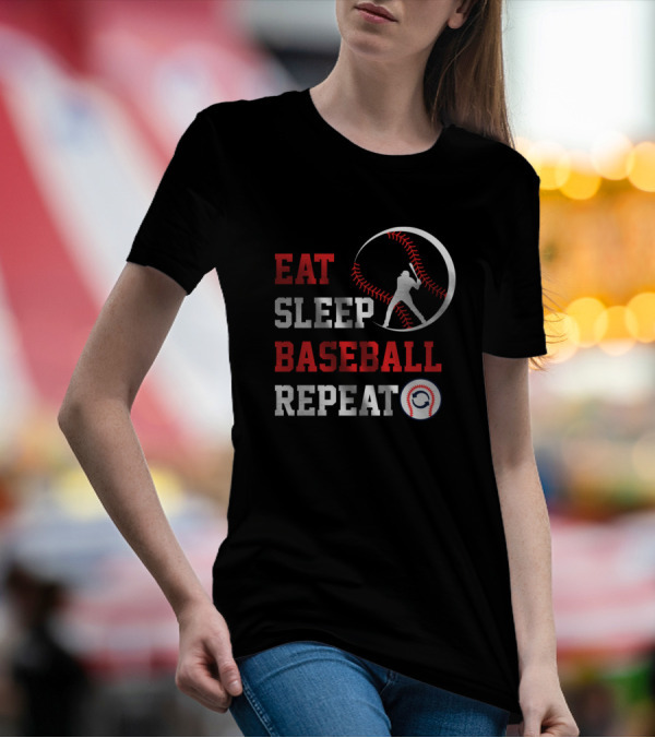 Eat Sleep Baseball Repeat Baseball Player Silhouette With Stitching Elements T-Shirt