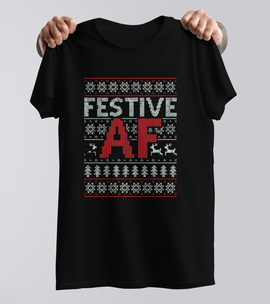 Festive AF Christmas Reindeer Snowflakes Trees Knit T-Shirt