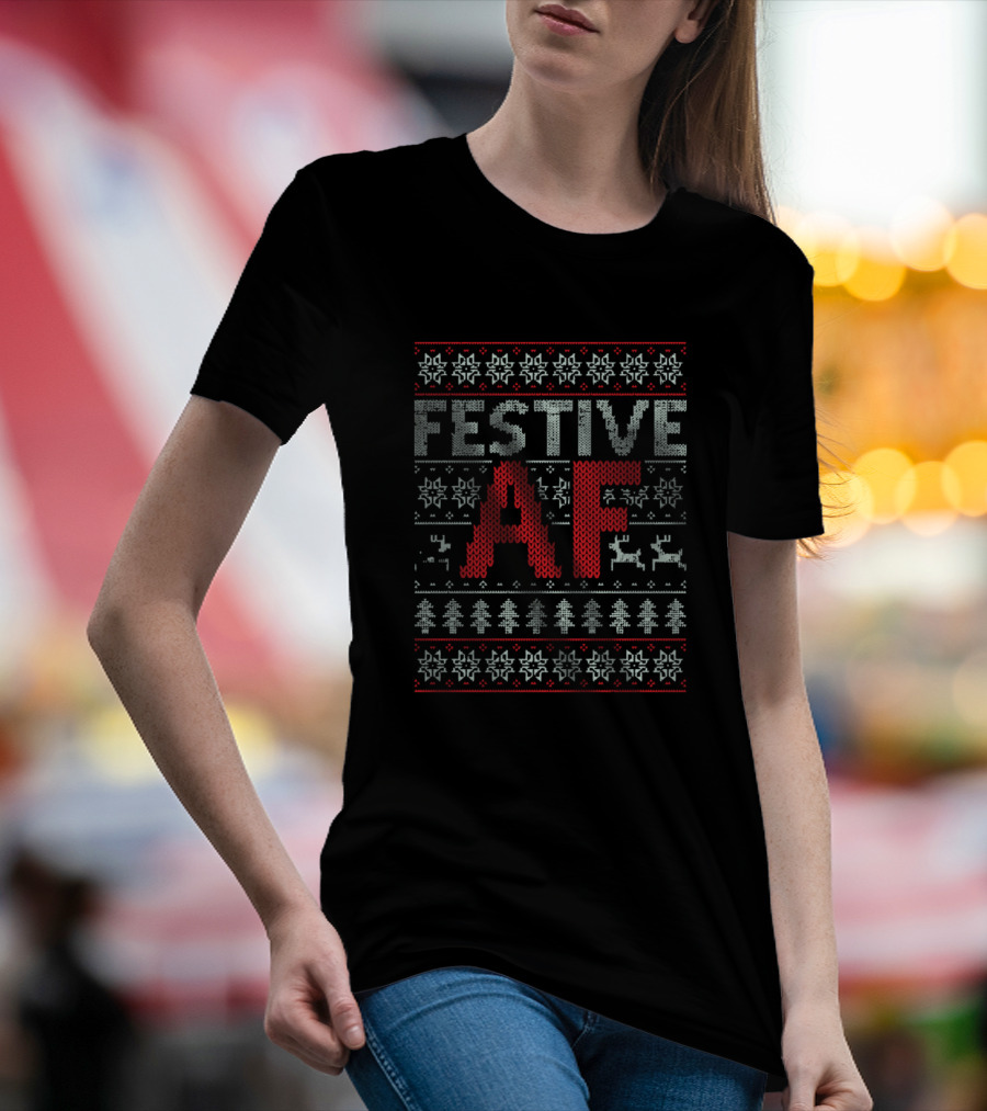 Festive AF Christmas Reindeer Snowflakes Trees Knit T-Shirt