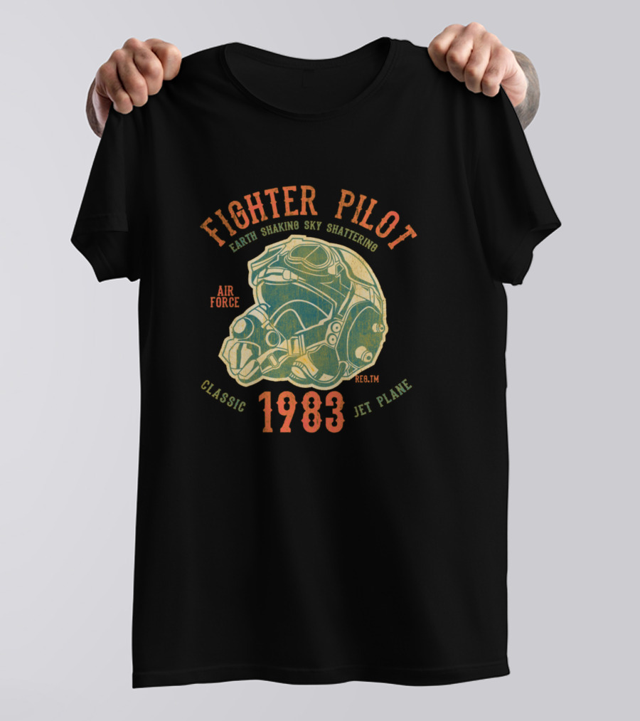 Fighter Pilot Earth Shaking Sky Shattering Air Force Classic 1983 Jet Plane T-Shirt
