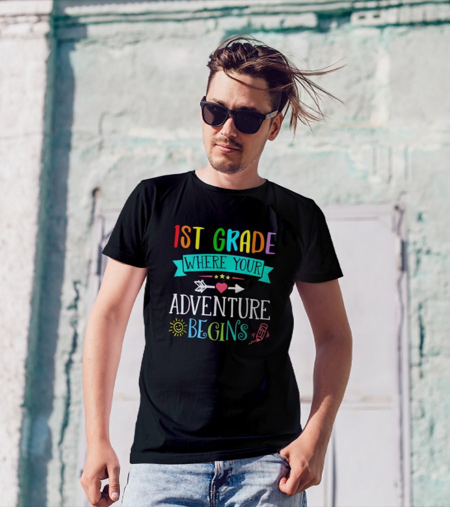 1st Grade Where Your Adventure Begins Arrow Heart Sun Crayon T-Shirt