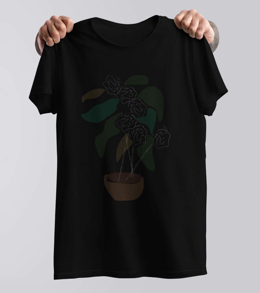 Flower Vase With Abstract Dark Green Leaves And Blooms T-Shirt