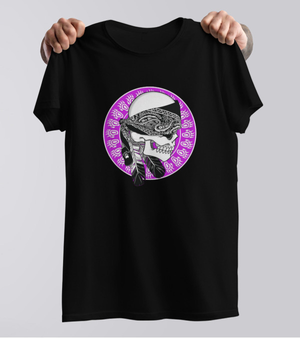 Gangster Skull In Bandana With Feather Elements T-Shirt