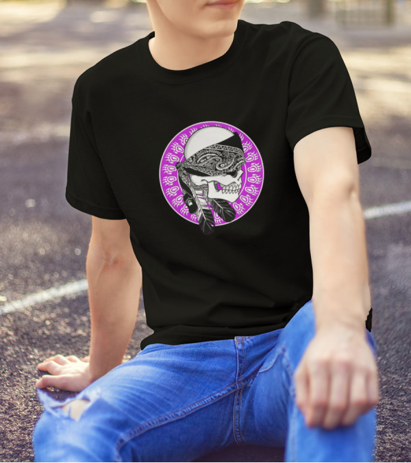 Gangster Skull In Bandana With Feather Elements T-Shirt