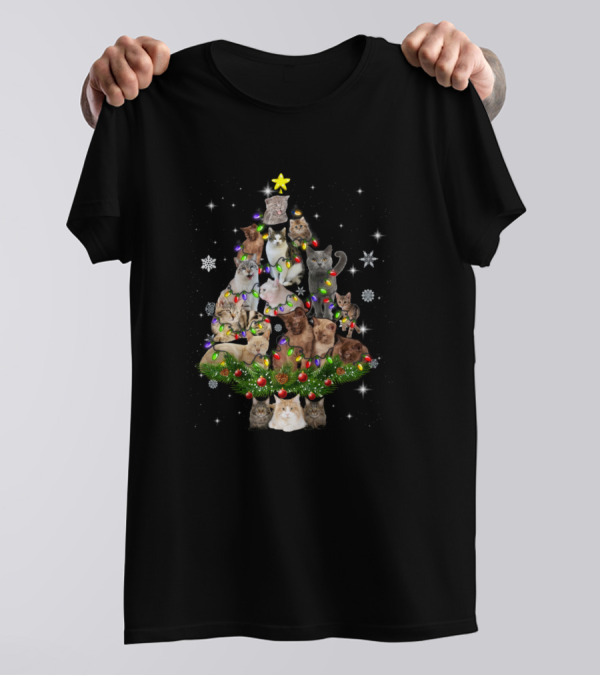 German Shepherd Cat Christmas Tree Lights Funny Dog T-Shirt