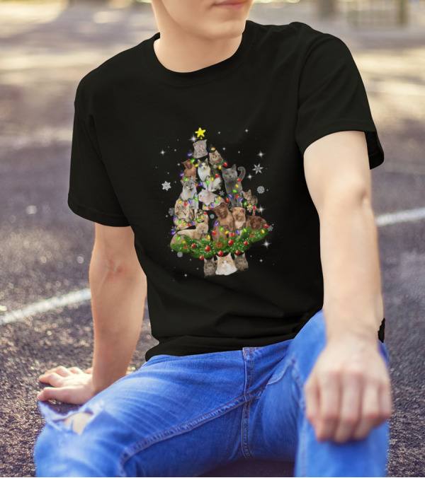 German Shepherd Cat Christmas Tree Lights Funny Dog T-Shirt