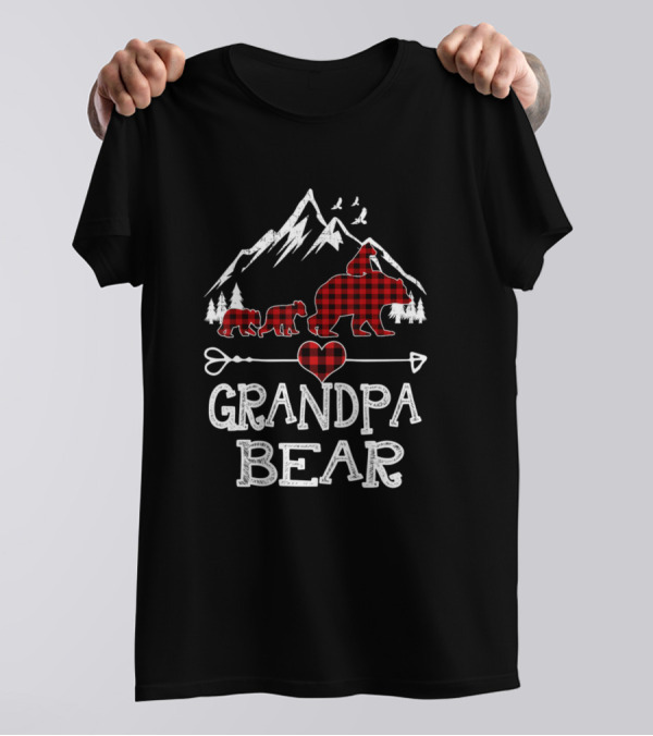 Grandpa Bear Christmas Red Plaid Buffalo Mountain Heart Arrow T-Shirt
