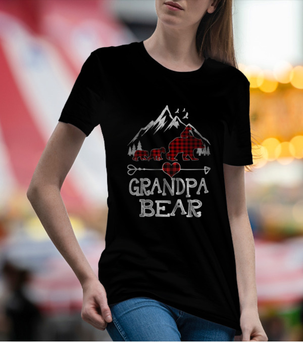 Grandpa Bear Christmas Red Plaid Buffalo Mountain Heart Arrow T-Shirt