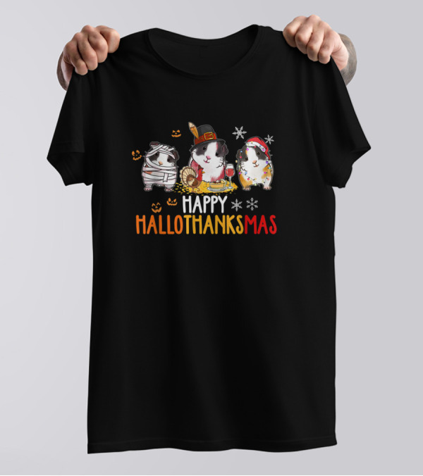 Happy Hallothanksmas Guinea Pigs Mummy Pilgrim Christmas Lights T-Shirt