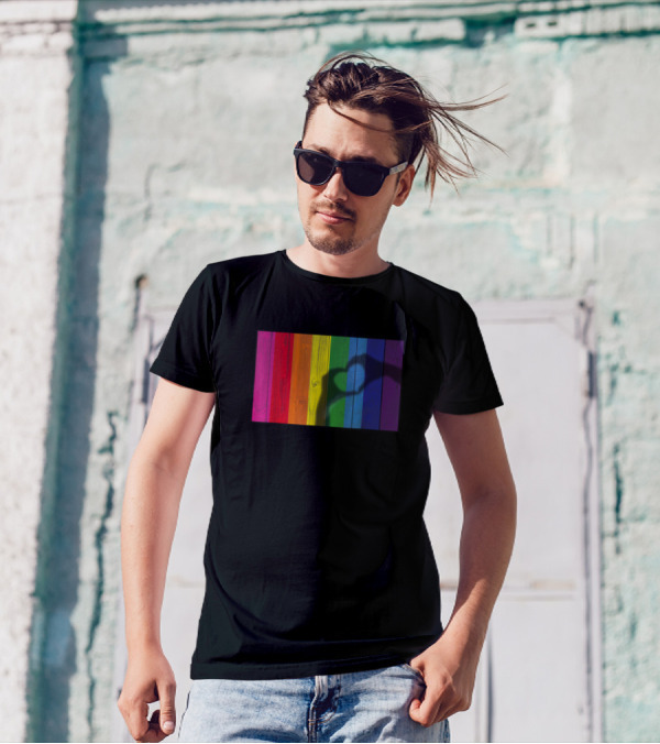 Heart Hands Shadow Across Vibrant Rainbow Planks T-Shirt