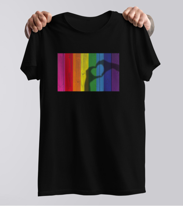 Heart Hands Shadow Across Vibrant Rainbow Planks T-Shirt