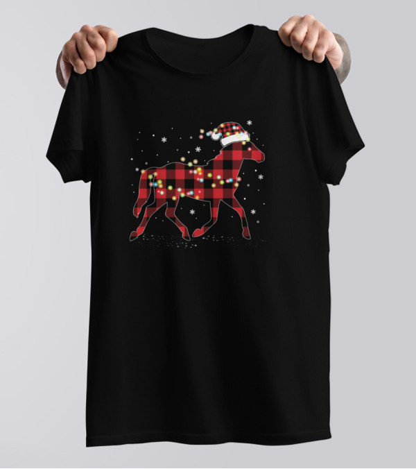 Horse Christmas Red Plaid Buffalo Santa Hat T-Shirt
