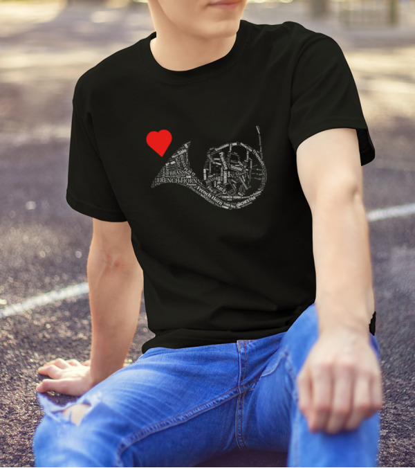 Love Heart French Horn Word Cloud Orchestra Ensemble T-Shirt