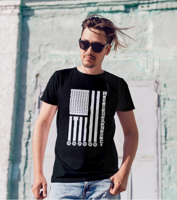 Mechanic Mechanic USA Flag With Gear Set Stripes T-Shirt