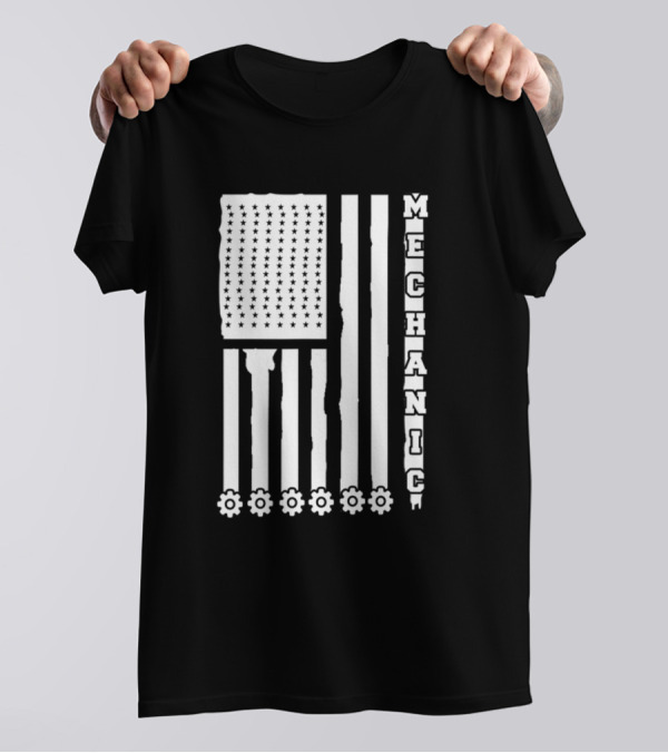 Mechanic Mechanic USA Flag With Gear Set Stripes T-Shirt