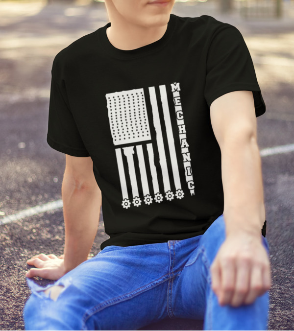 Mechanic Mechanic USA Flag With Gear Set Stripes T-Shirt